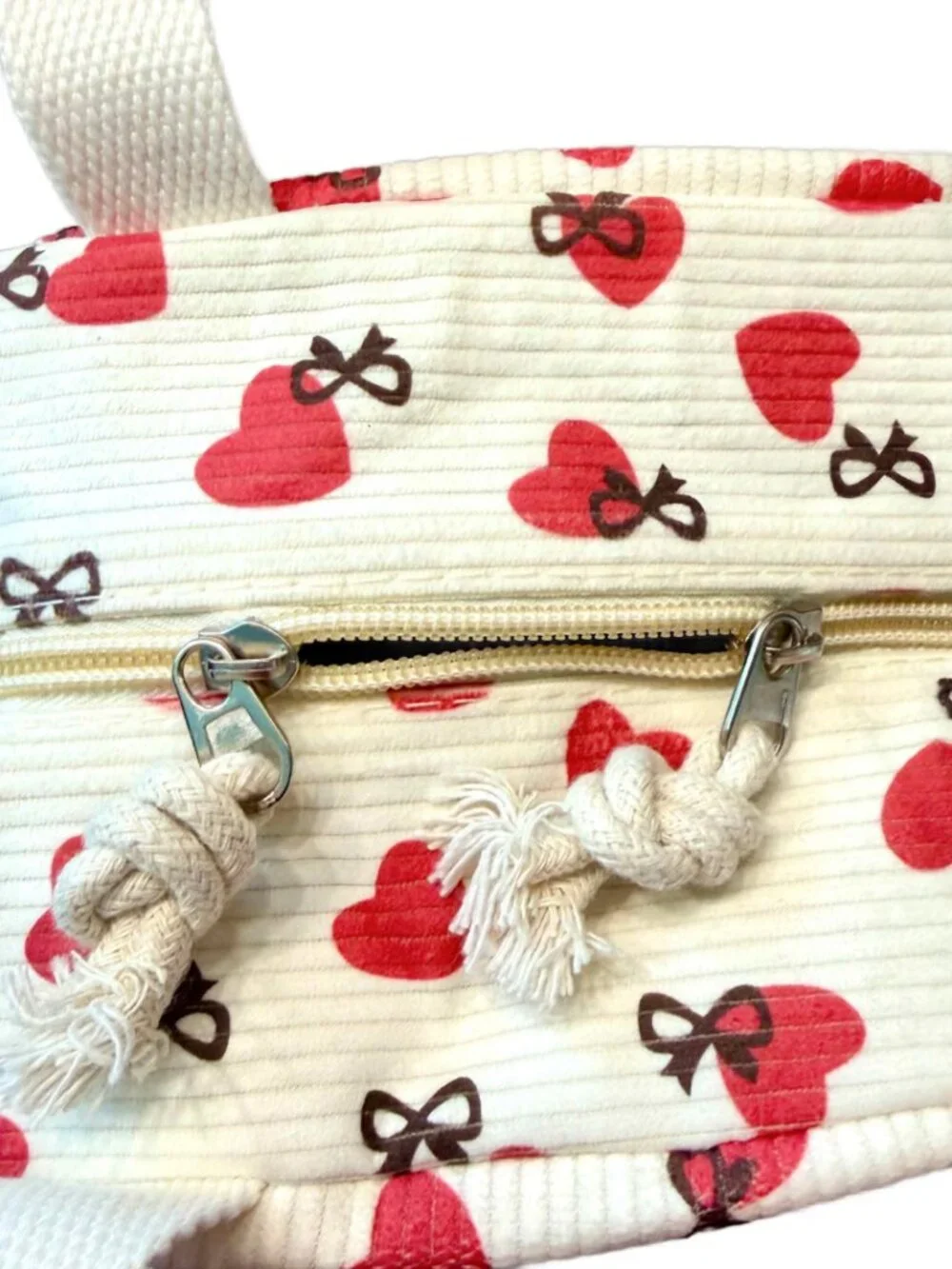 Insulated Heart Lunch Bag Container School Work Travel Cream Corduroy NEW
